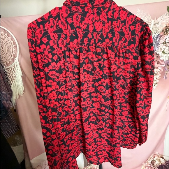 Who What Wear Red Poppies Black Tie Long Sleeve Button Up Blouse XXL - Picture 6 of 11